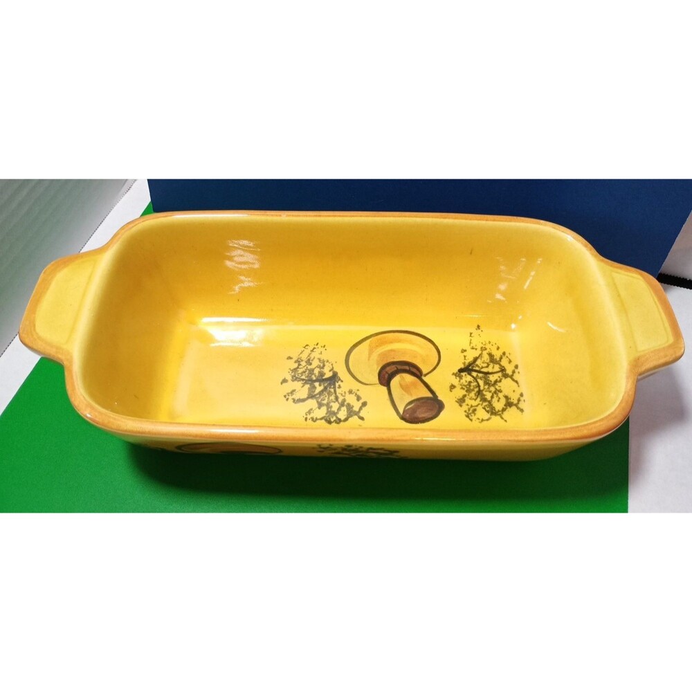 Vtg 1971 Los Angeles Potteries Yellow 10” Baking Loaf Bread Pan Ceramic Mushroom